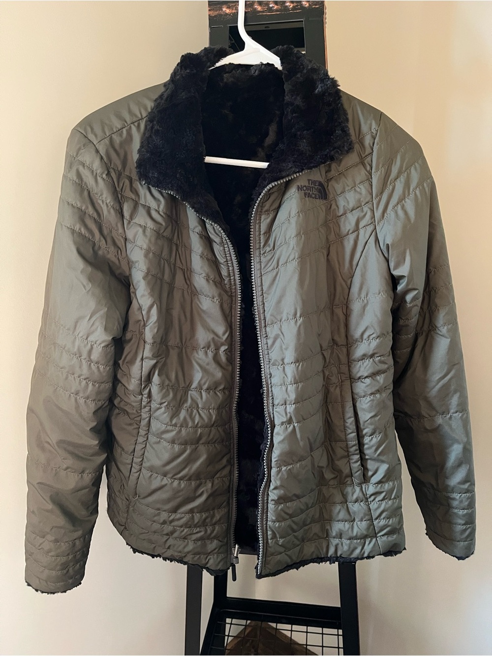 The North Face Olive Green Puffer Jacket with Black Faux Fur